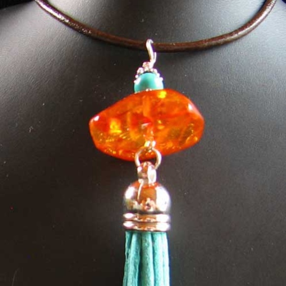 Amber and Turquoise Suede Tassel Pendant - Picture 3 of 3